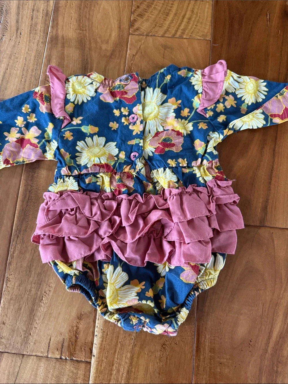 Ruffle Butts Navy Floral Bubble Romper with Pink Accents